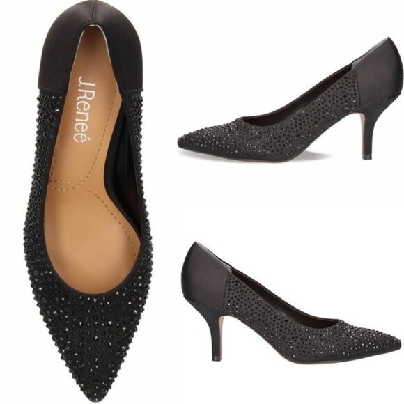 J. Renee Rishna Fabric Rhinestones Shoes Heels Pumps Size 10.5 Satin Black - Picture 2 of 11